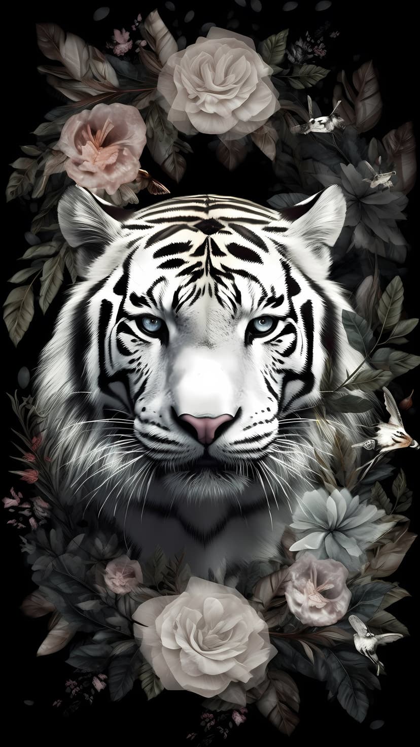 White tiger with piercing blue eyes surrounded by dark gothic flowers and small birds in a vertical composition.