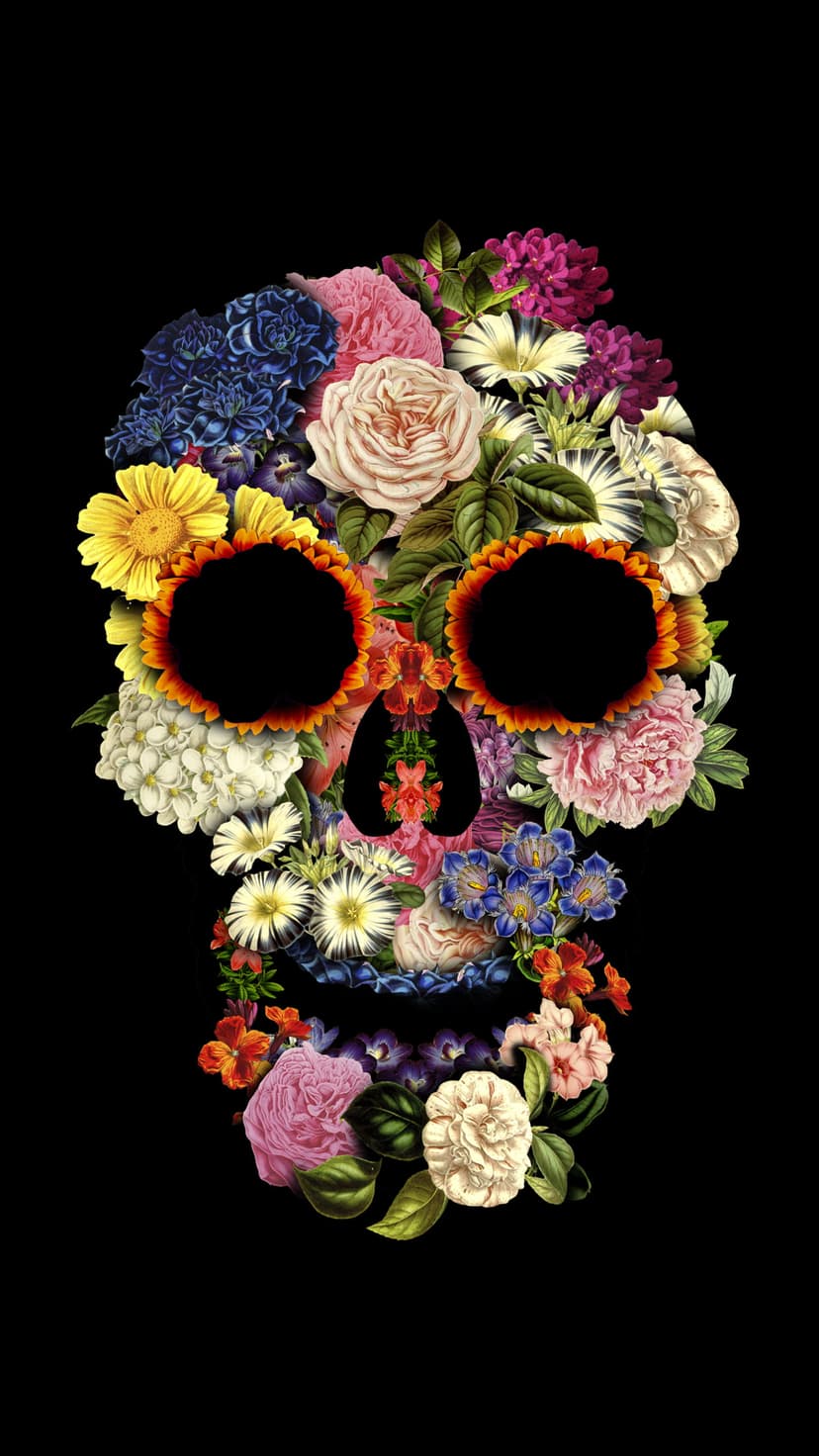 Human skull formed from yellow sunflowers and pink roses positioned centrally against a deep black background.