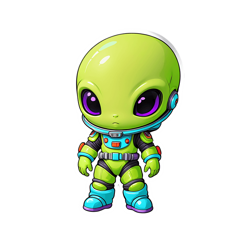 Green alien sticker wearing a blue space suit with large purple eyes and a white outline in a standing pose.