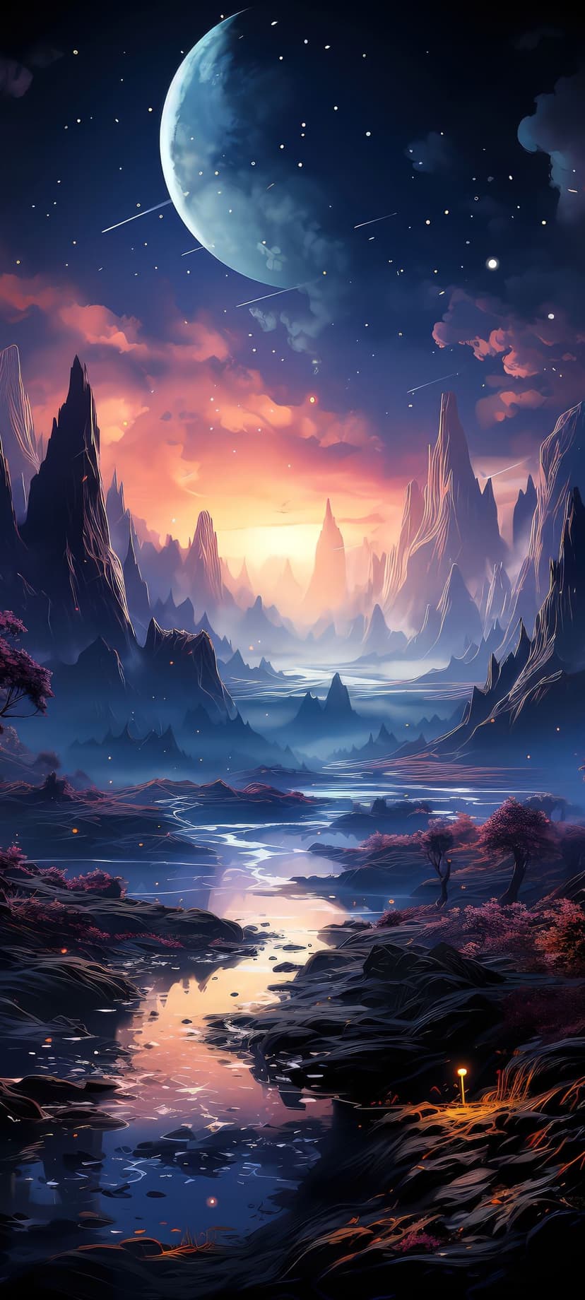 A massive moon hangs over orange nebula clouds and jagged peaks reflected in a misty river with a glowing lamp.