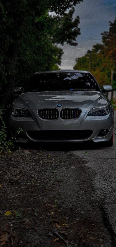 Silver BMW parked on a leafy roadside