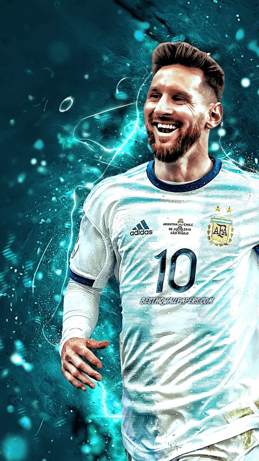 Lionel Messi wearing a striped Argentina jersey with number ten against a background of teal light and energy.