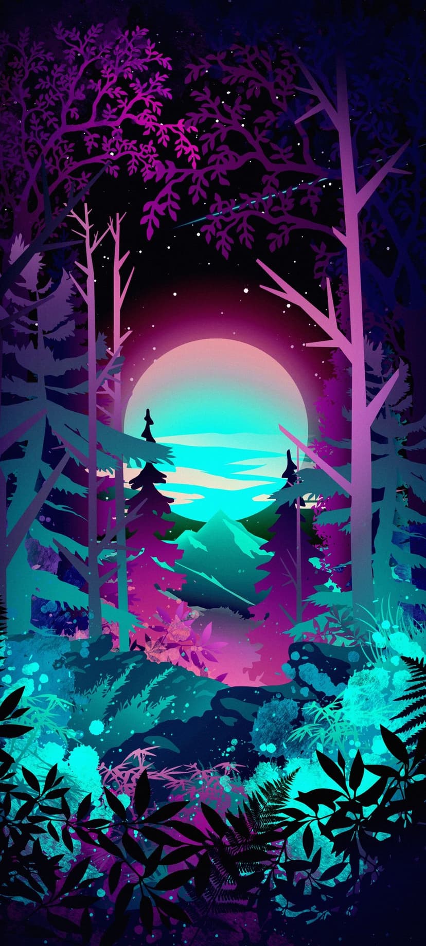 A massive glowing moon hangs over silhouetted trees and purple mountains in a vibrant, misty neon forest.