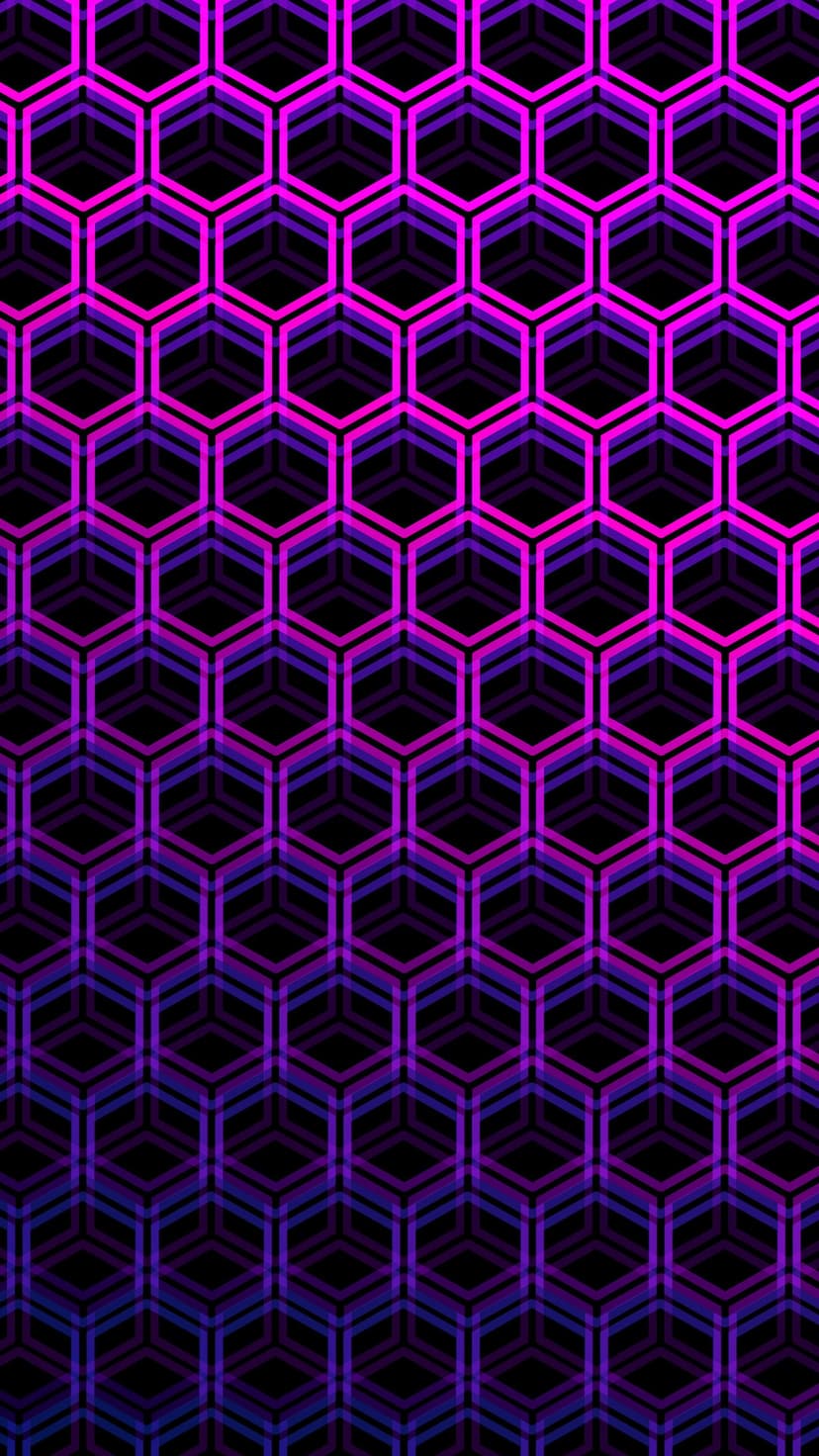 Hexagonal geometric patterns with a neon pink and purple gradient transition over a dark textured surface.