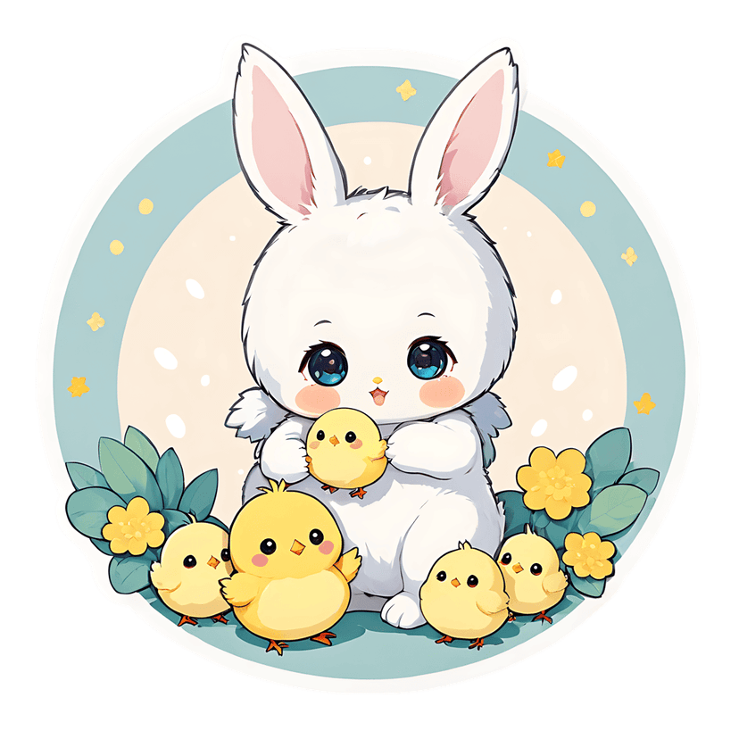 White rabbit sticker with yellow chicks featuring a fluffy texture and pastel background with floral decorations.