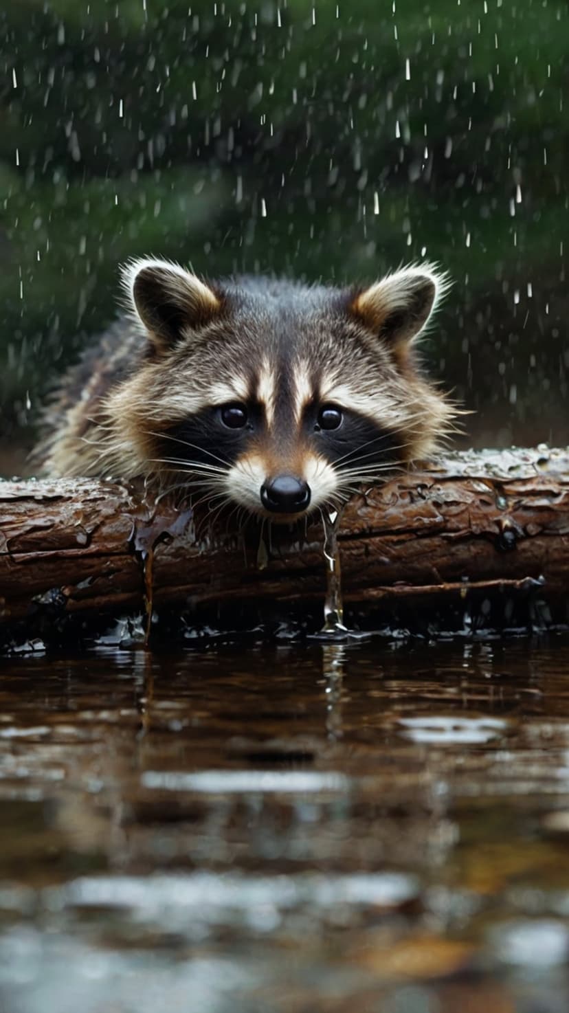 Raccoon with a black mask drinks from a rain-slicked log as water droplets fall through the misty forest air.