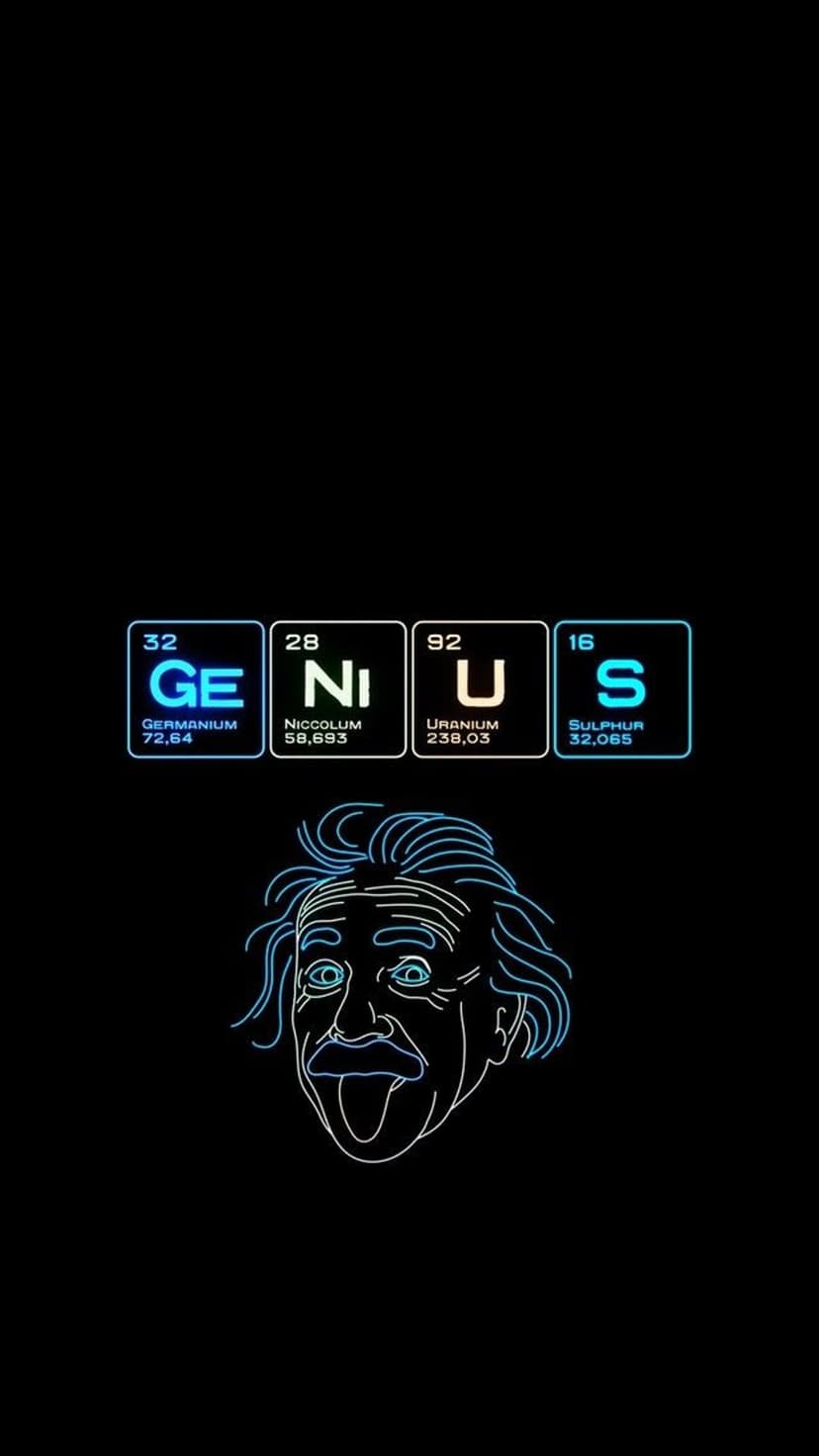 Albert Einstein’s blue neon outline appears above Germanium, Nickel, Uranium, and Sulfur periodic table symbols.