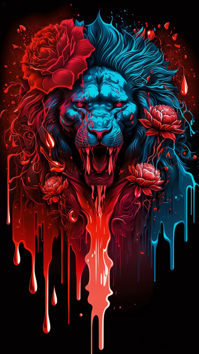 Roaring lion with a red and blue dripping mane and roses around its face against a solid black background.
