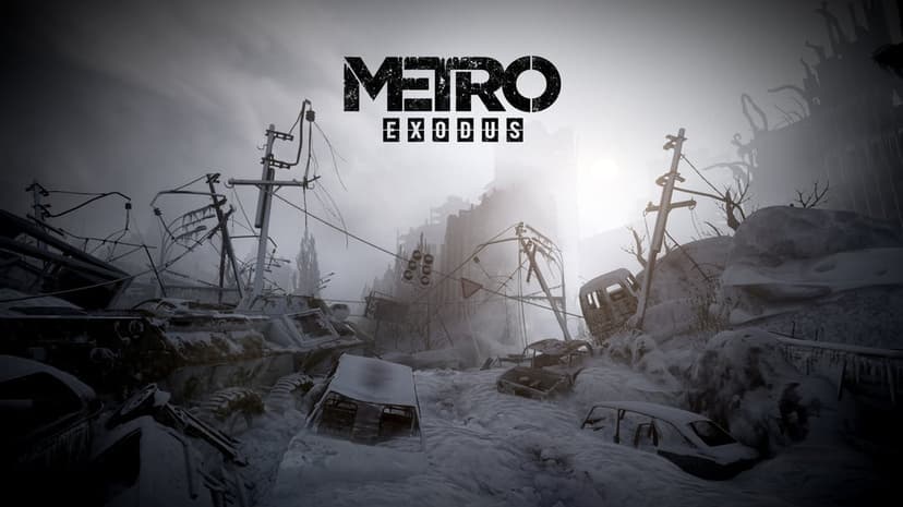 Rusted vehicles and armored transport buried in snow within a foggy, ruined city landscape under cold light.