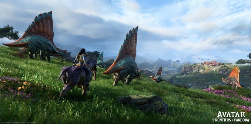 Na'vi riding a purple mount through green fields past creatures with orange sails under a bright blue sky.