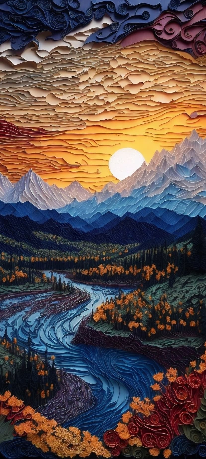 Quilled paper mountains glow under a sunset sky above a river and autumn trees in this textured vertical view.