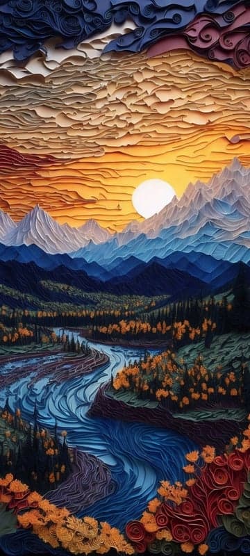Paper Quilled Mountain Landscape at Sunset