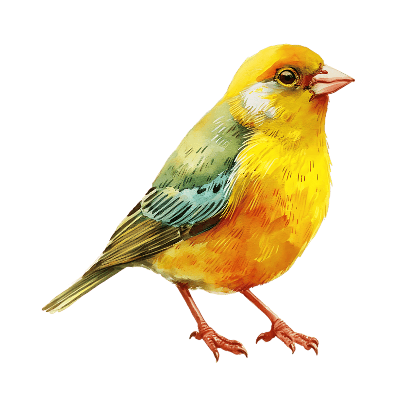 Yellow bird watercolor illustration shows a profile view featuring detailed feather patterns and vibrant pigments.