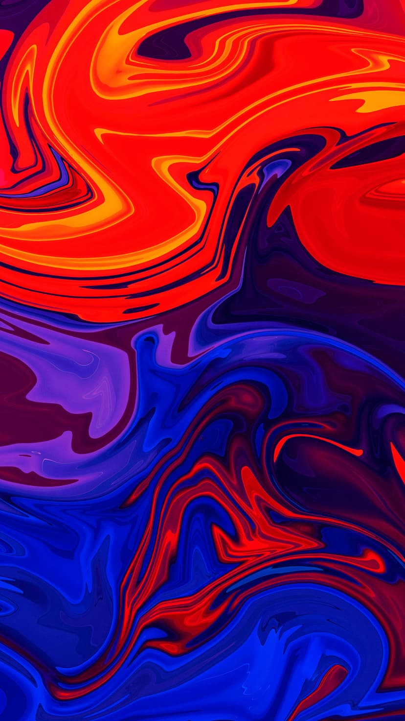Red, blue, and yellow liquid pigments swirl together in a high-contrast marbling pattern with organic curves.