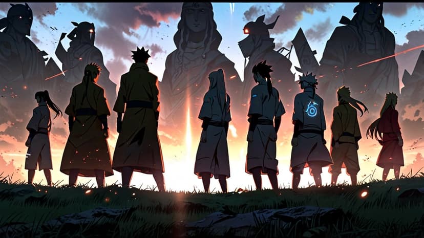 Naruto characters stand in silhouette against a fiery sunset sky with massive stone statues in the distance.