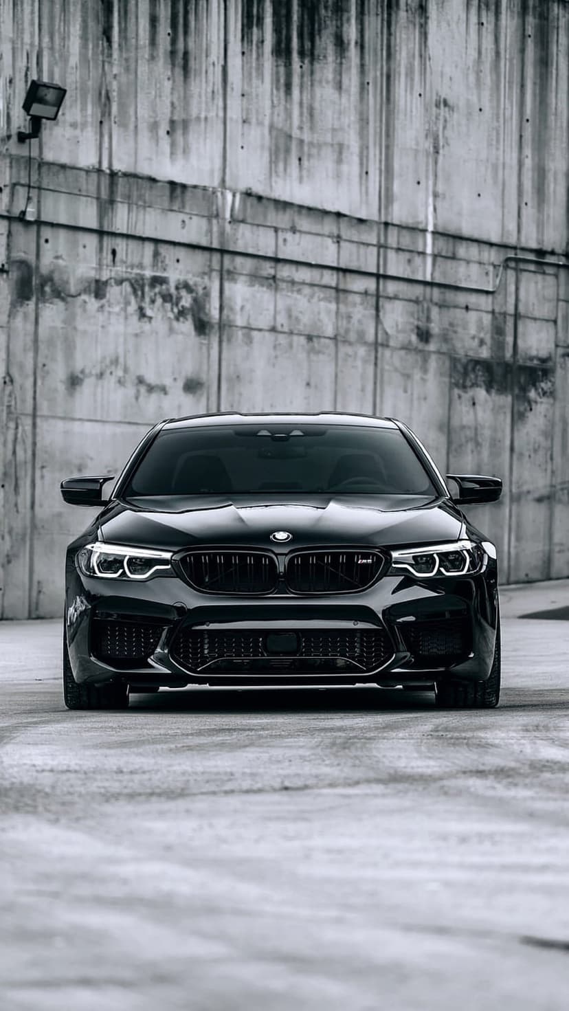 Black BMW M5 front view with prominent kidney grille parked on concrete before a textured industrial wall.