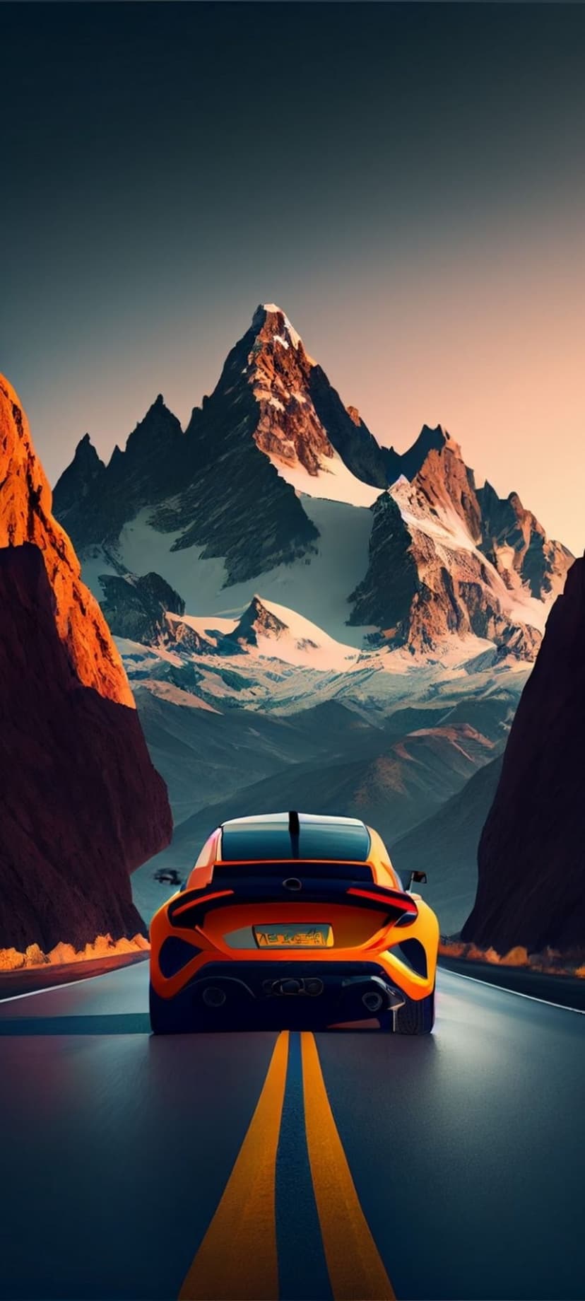 Orange sports car driving on a winding mountain road during sunset with snow-capped peaks in the background.
