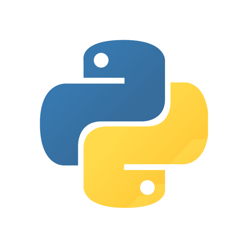 Python programming logo features two interlocking blue and yellow stylized snakes on a transparent background.