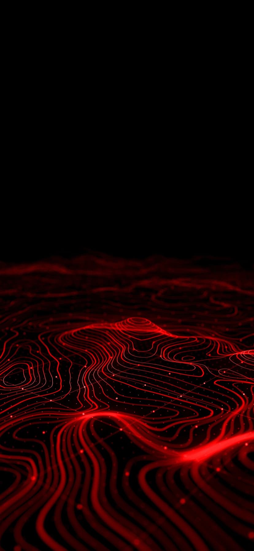 Red topographic contour lines and glowing nodes of light float against a deep black void in vertical view.