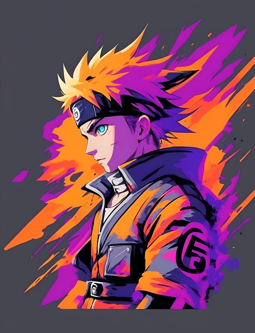 Naruto Uzumaki with orange hair and blue eyes poses against a vibrant orange and purple paint splatter backdrop.