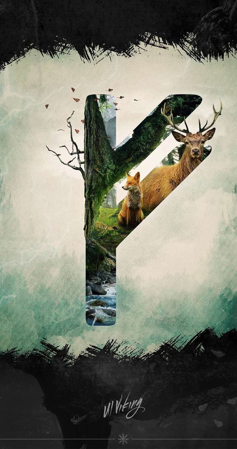 Nordic rune containing a stag, a fox, and a stream in a dark forest on a textured black background.