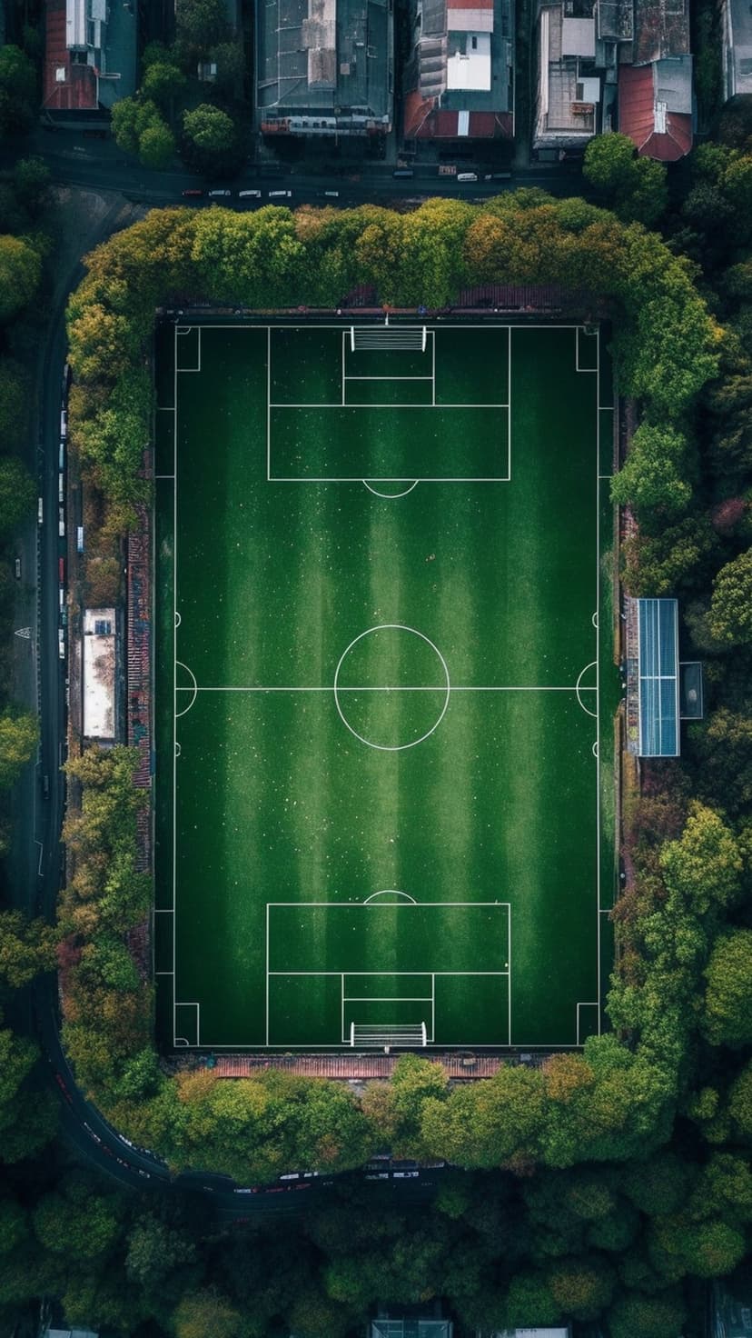 Green football field with white markings surrounded by lush trees and city buildings in a vertical drone shot.