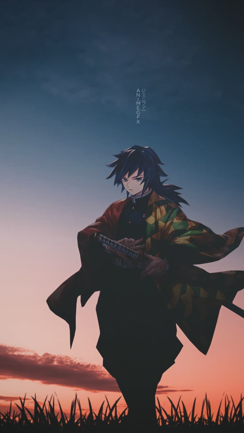 Giyu Tomioka stands in silhouette holding a sword against a fiery orange and purple sunset sky with soft clouds.