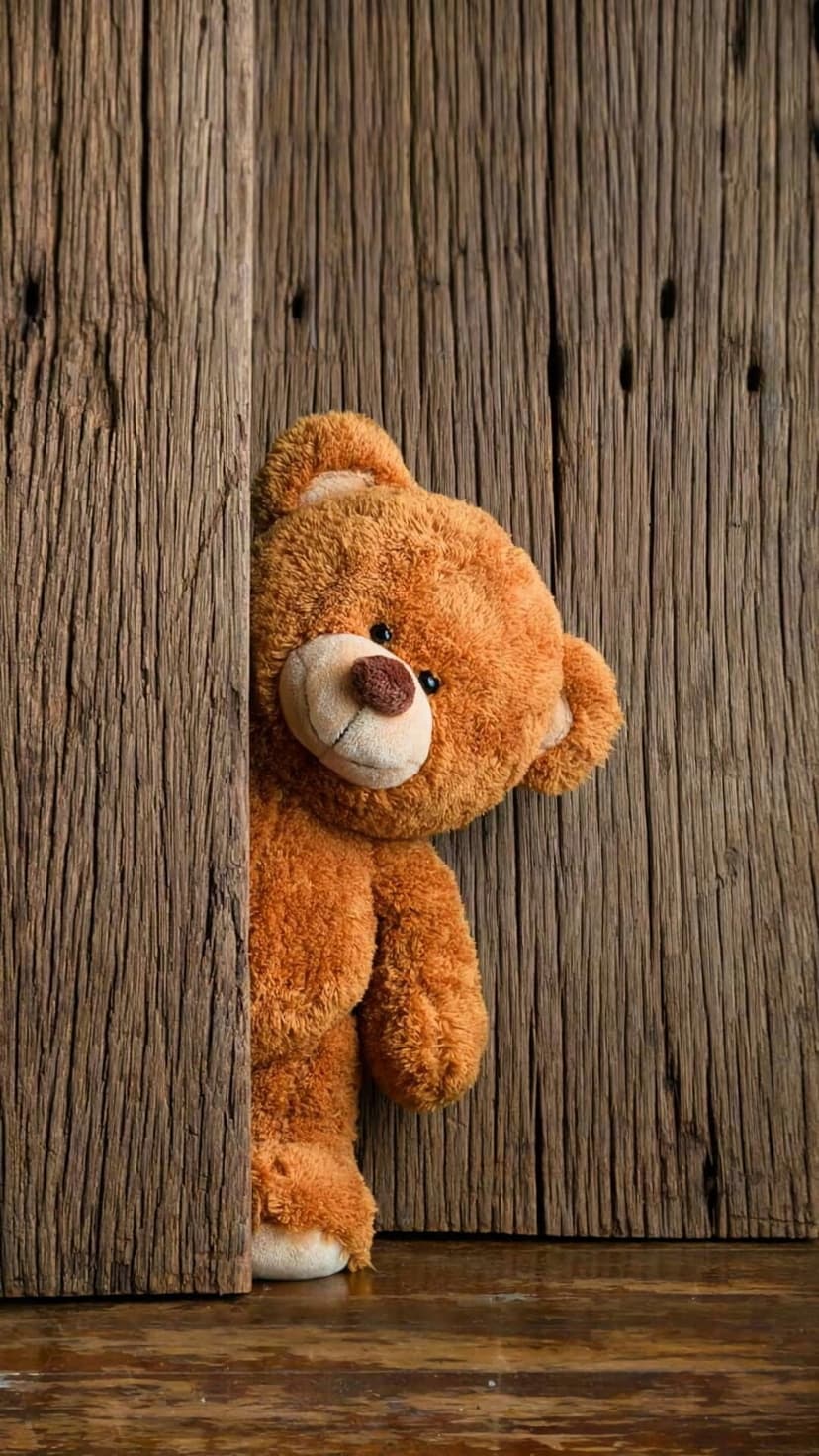 Fluffy brown teddy bear with dark eyes peeking out from the side of a textured vertical rustic wooden plank.