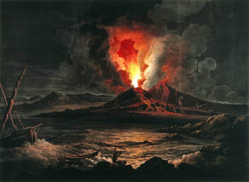 Molten orange lava spews from a volcano above a stormy ocean with a wrecked wooden ship and struggling figures.