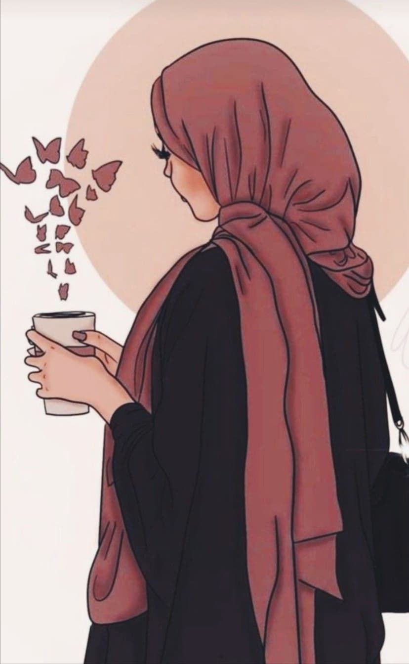 Woman in a pink hijab and black dress holds a coffee cup with pink butterflies flying out against a peach circle.