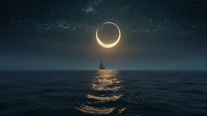 Lone sailboat navigates calm dark waters beneath a bright crescent moon and dense star-filled nocturnal sky.