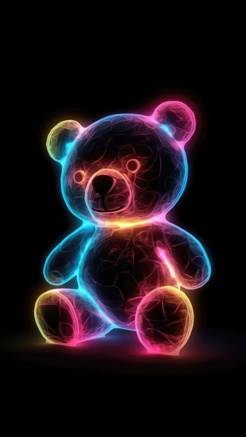 Teddy bear silhouette defined by radiant neon outlines in pink, blue, and yellow on a dark black backdrop.