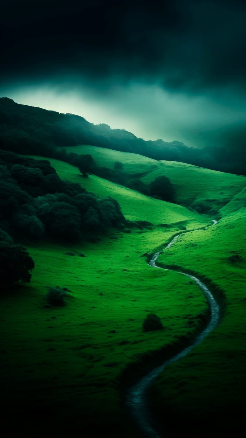 Rolling green hills under dark storm clouds feature a winding stream flowing through a misty highland valley.