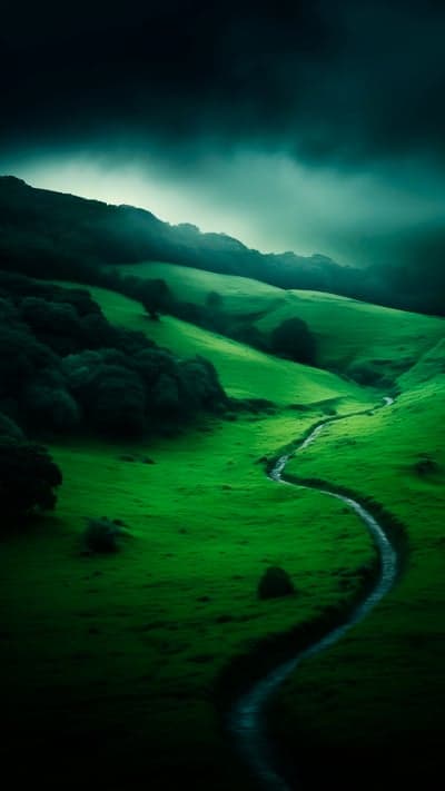 Misty green valley with winding stream and dark clouds