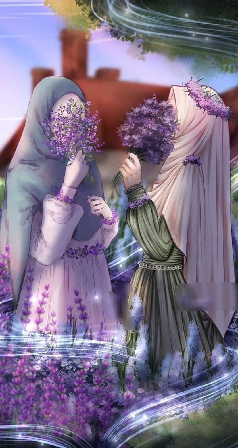 Two women in hijabs holding lavender bouquets in a glowing purple garden with swirling energy effects.