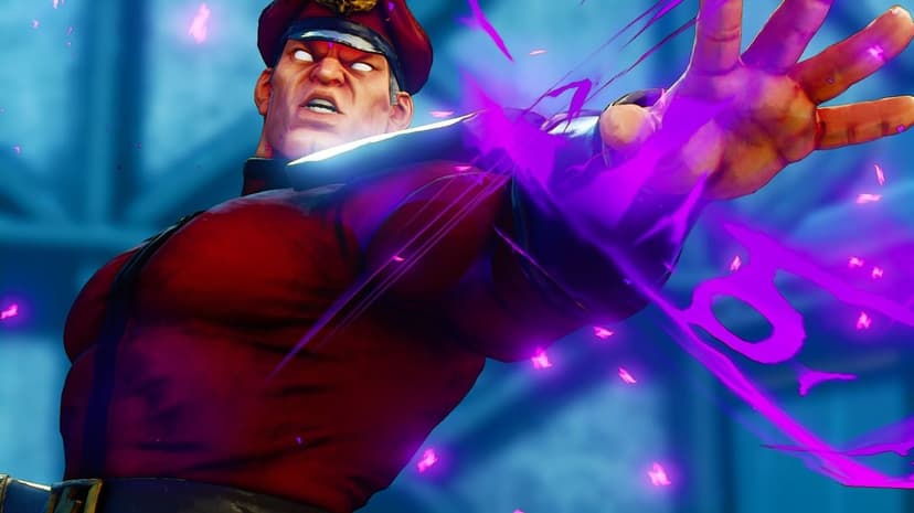 M. Bison in red military gear extends a hand glowing with purple energy against a blue industrial background.