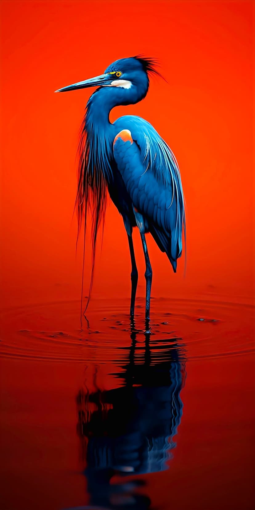 Blue heron with long neck feathers stands in reflective water against a solid vibrant orange background.