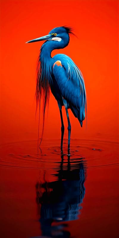 Striking Blue Heron Against Vivid Orange Background