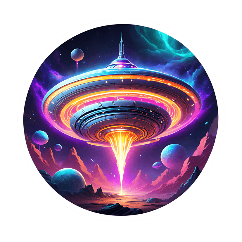 UFO spaceship emitting a bright orange light beam over purple alien mountains under a starry cosmic nebula sky.