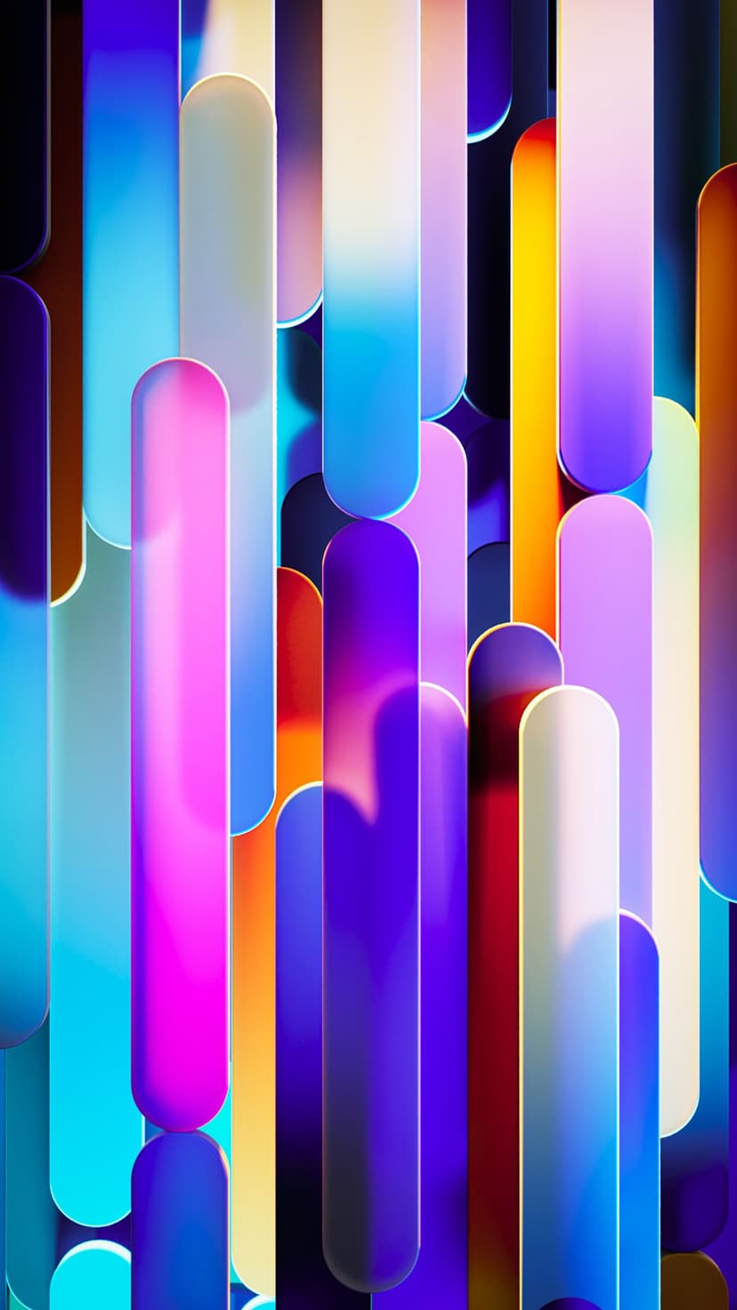 Glowing rounded rectangles with vibrant color gradients overlap amidst soft ambient light and subtle shadows.