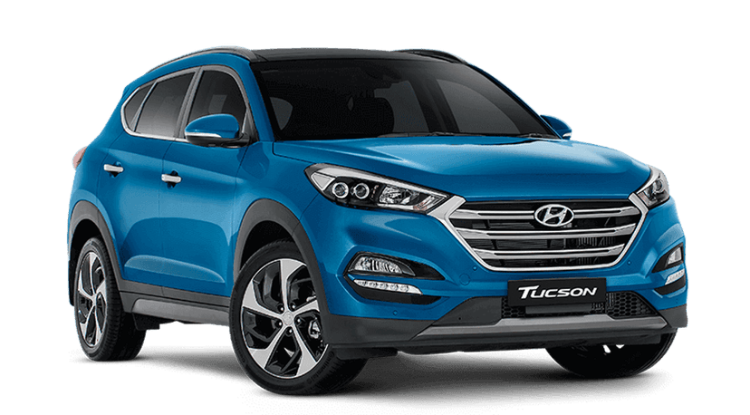 Hyundai Tucson SUV isolated on transparent background with realistic lighting on its metallic silver body panels.