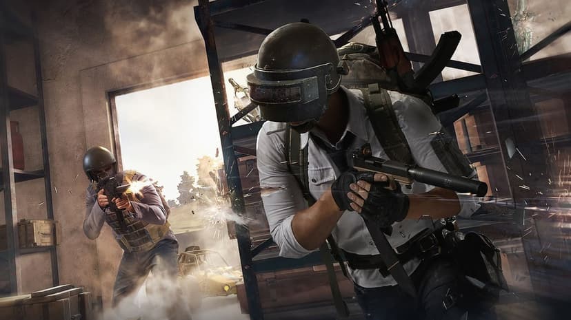 Soldier in a level 3 helmet aims a silenced pistol while a teammate fires a rifle inside a dusty building.