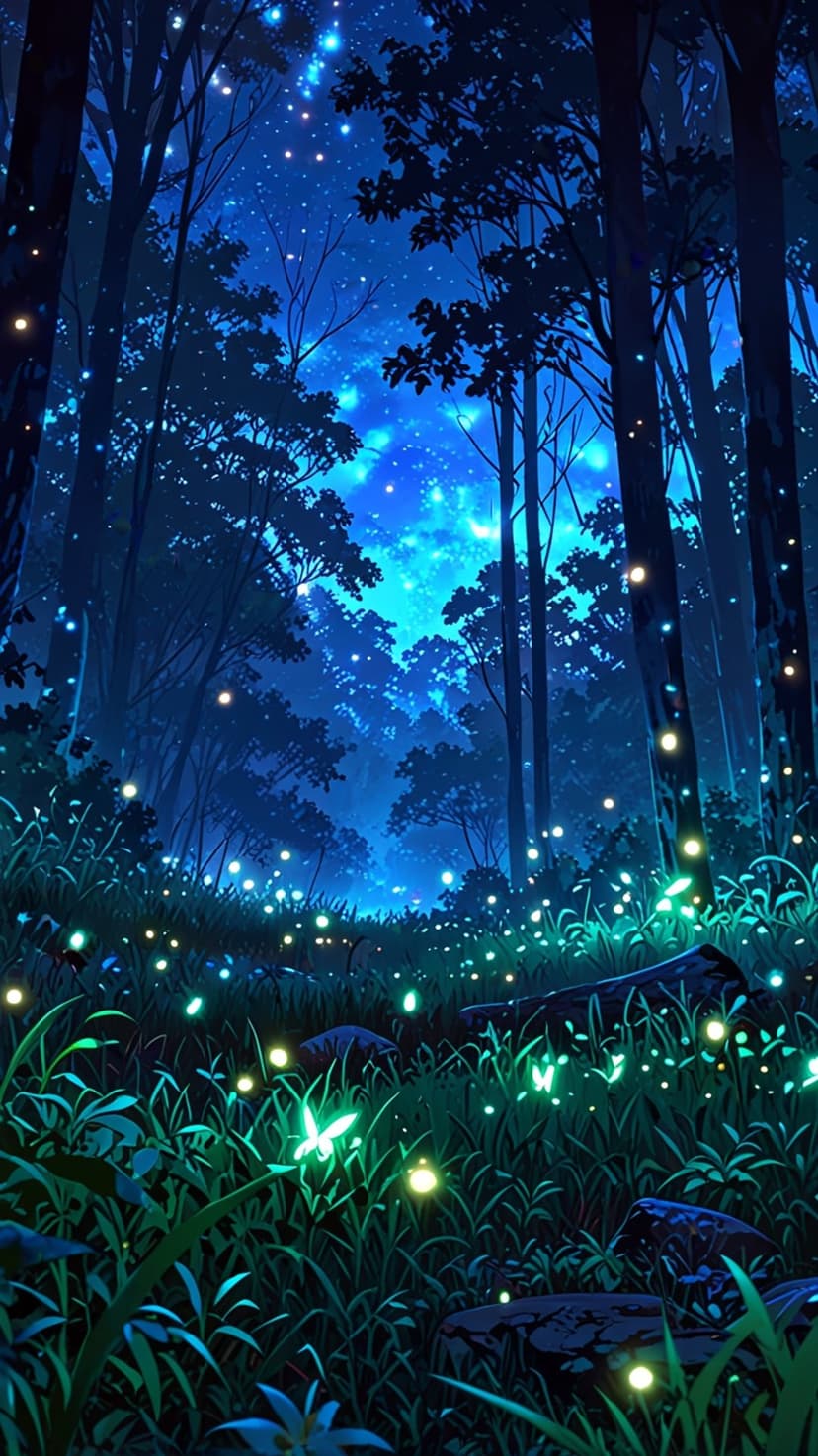 Glowing blue fireflies and bioluminescent flowers illuminate a dark forest under a starry night sky.