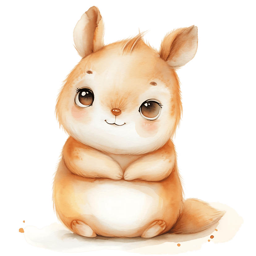 Light brown watercolor hamster sitting with paws clasped against a dark background featuring fluffy fur and brown eyes.