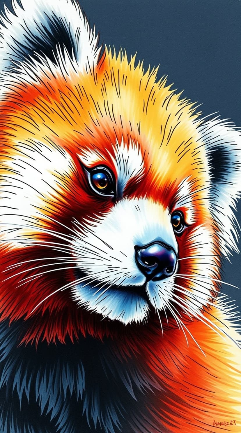 Red panda with orange fur and white facial markings stares forward against a dark, textured background.