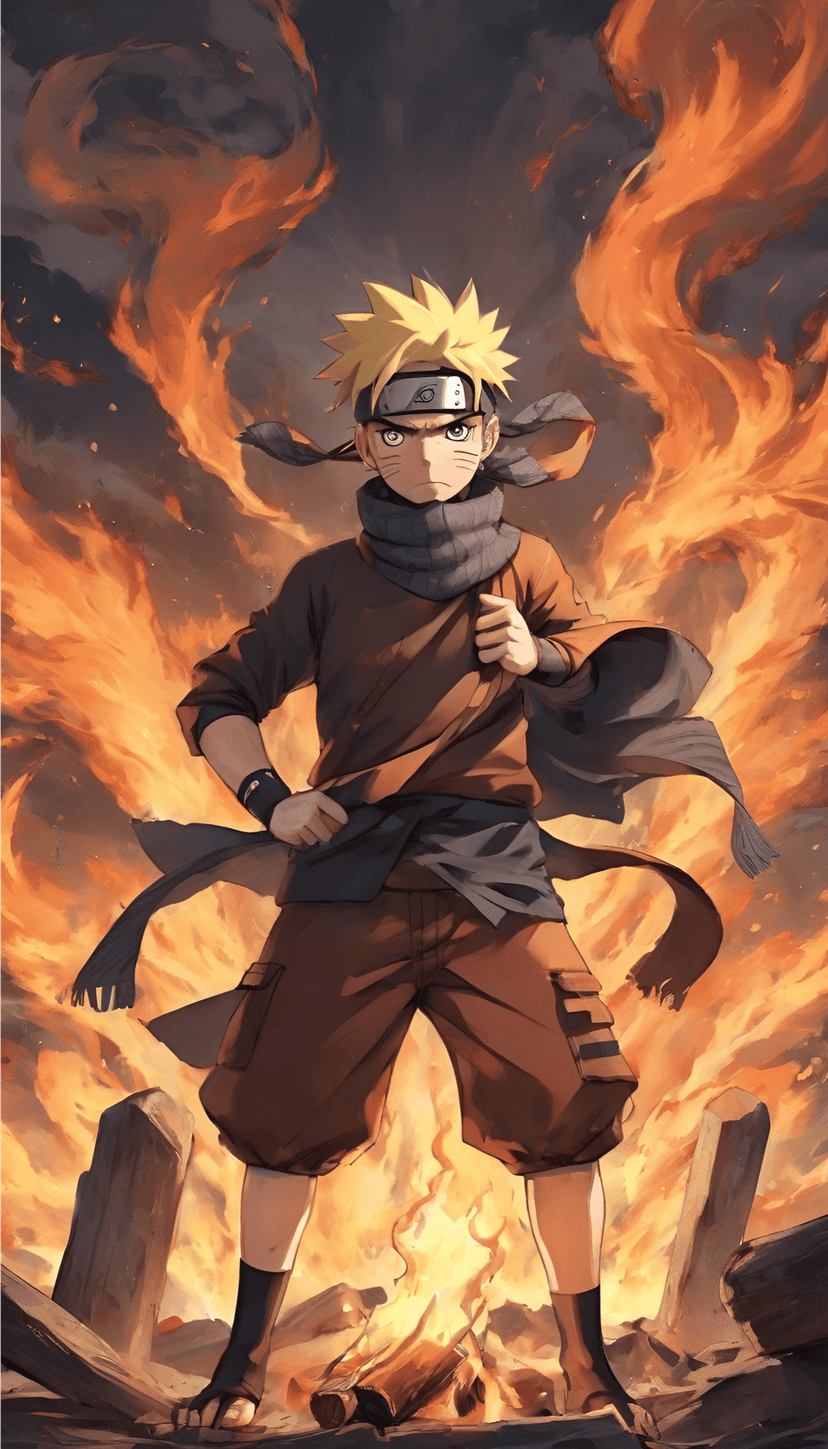 Naruto Uzumaki stands amidst a swirling orange inferno wearing his signature ninja headband and a flowing dark scarf.