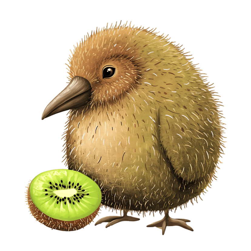 Kiwi bird illustration standing next to a green fruit slice with detailed brown feathers and black seeds.
