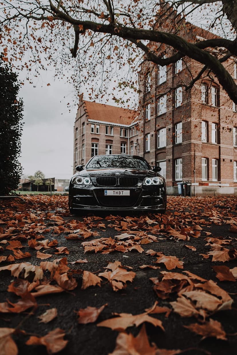 Black BMW sedan with lit headlights parked on orange autumn leaves in front of a grand brick heritage building.