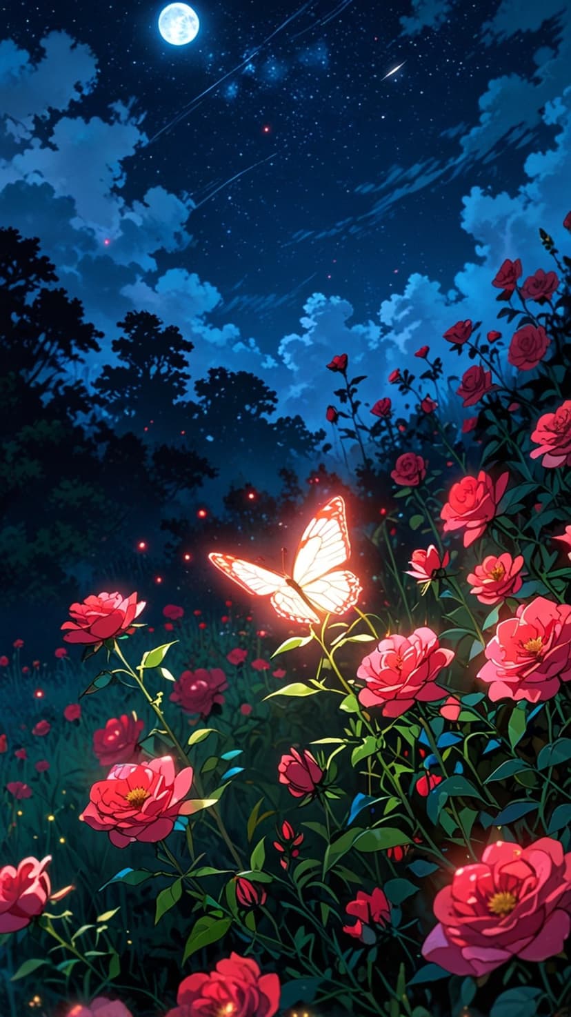 Luminous white butterfly with orange accents lands on red roses under a full moon and starry sky with fireflies.
