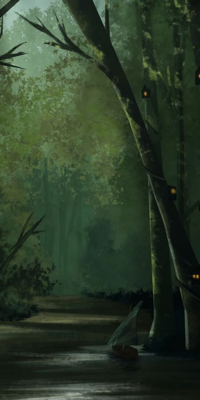 Small wooden boat on a calm marsh flanked by tall trees with glowing windows and lanterns in a misty forest.